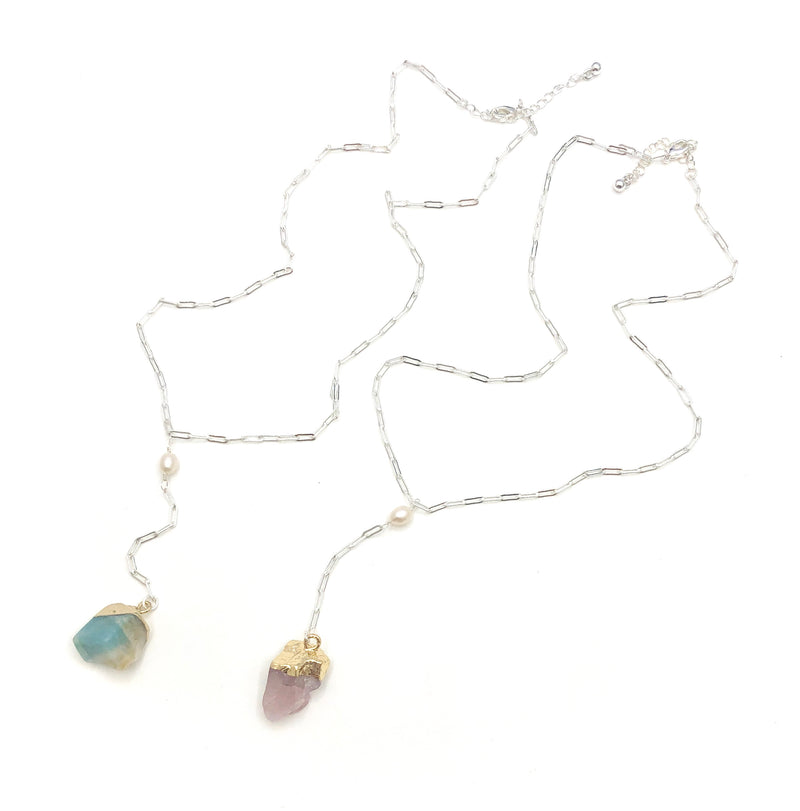 Natural Stone & Pearl Lariat Necklace